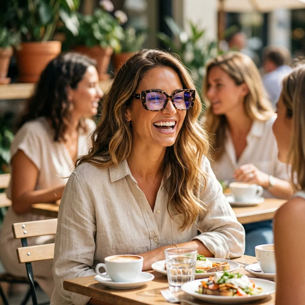 Lentes ópticos Domi Carey mujer en café con amigas ambiente social Bonoboss #editorial_lifestyle1 #color_carey