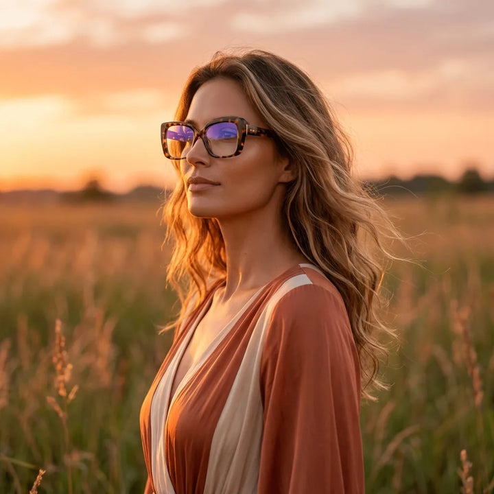 Lentes ópticos Domi Carey mujer en luz dorada golden hour elegante Bonoboss #editorial_lifestyle2 #color_carey