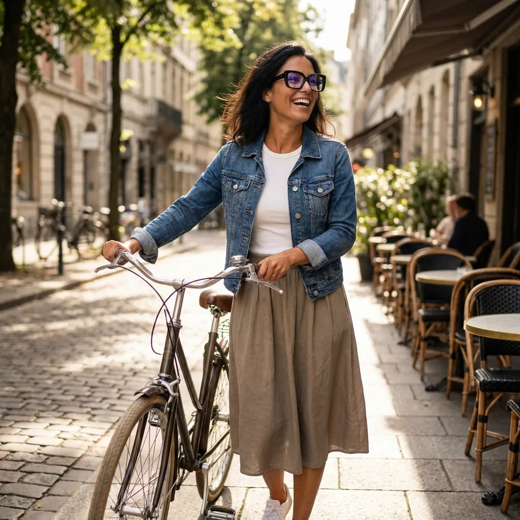 Lentes ópticos Domi Negro mujer en bicicleta vintage café urbano Bonoboss #editorial_lifestyle2 #color_negro