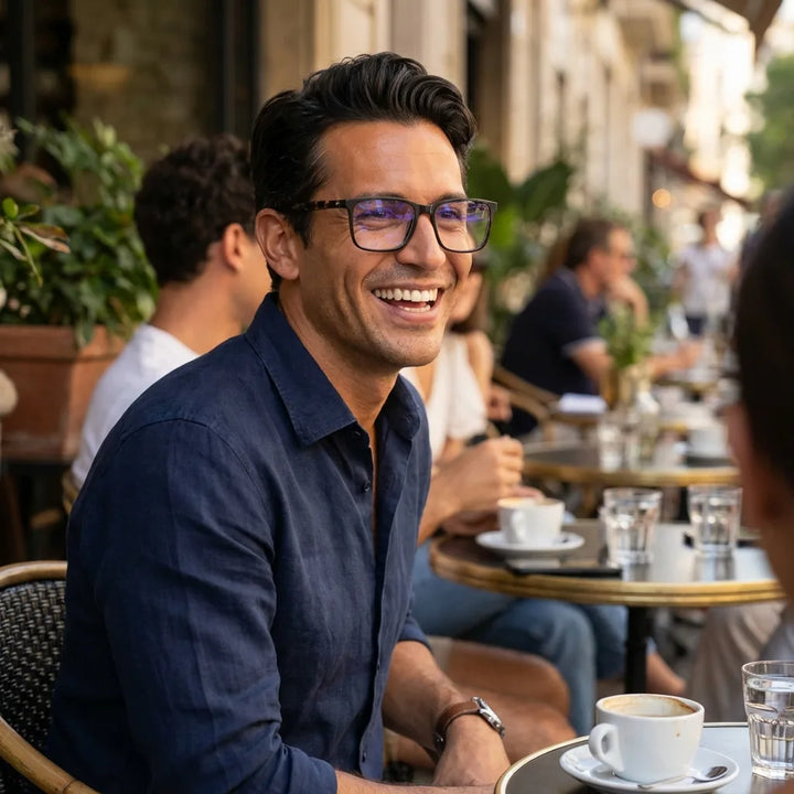 Lentes ópticos Don Eduardo Brown hombre en café con amigos ambiente social Bonoboss #editorial_lifestyle1 #color_brown