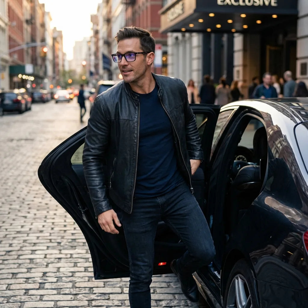 Lentes ópticos Don Eduardo Brown hombre elegante bajando de auto premium Bonoboss #editorial_lifestyle3 #color_brown