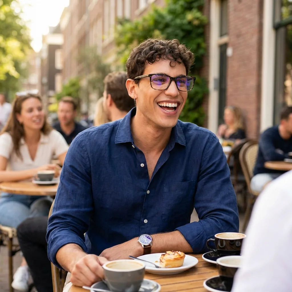 Lentes ópticos Don Eduardo Marble hombre en café con amigos ambiente social Bonoboss #editorial_lifestyle2 #color_marble