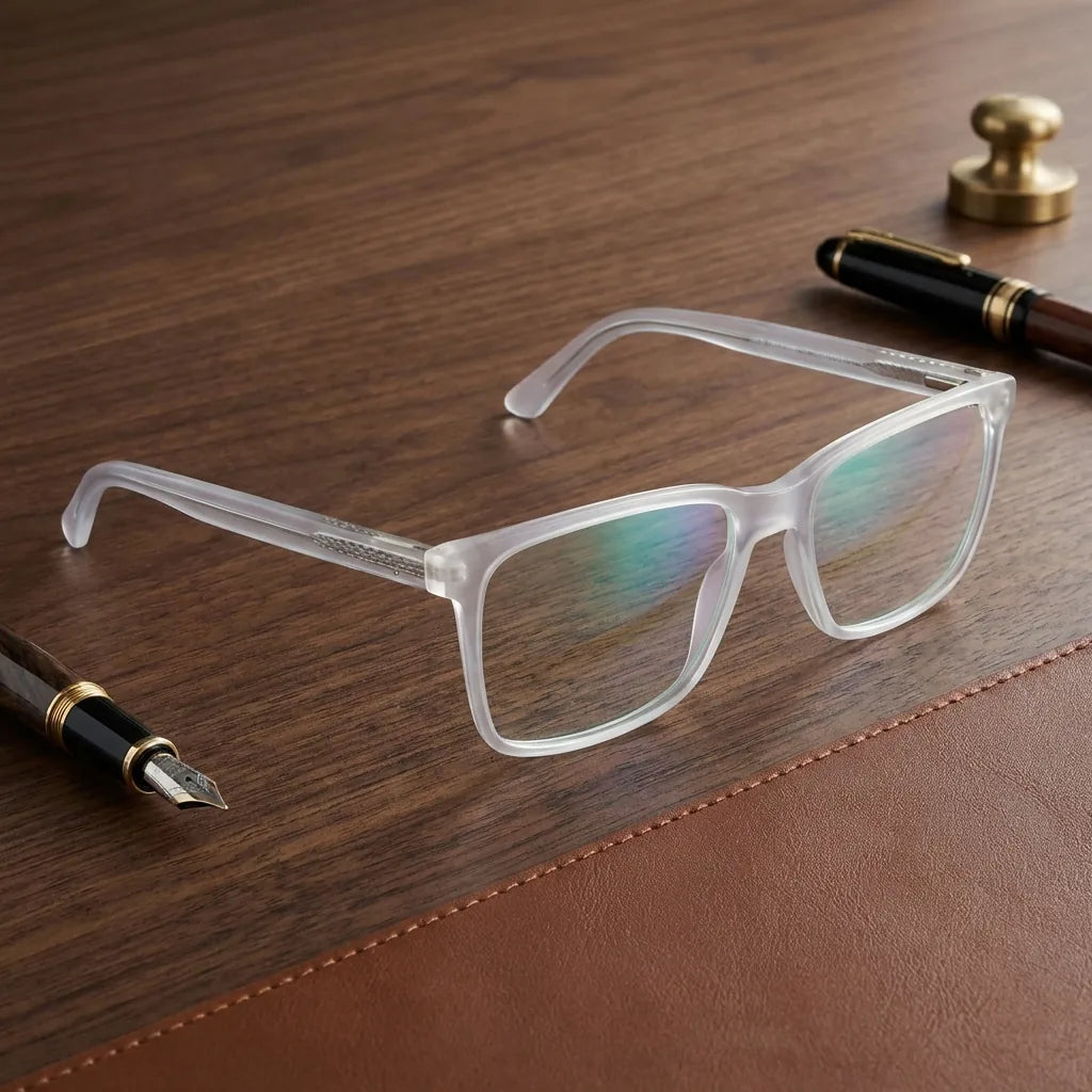 Lentes ópticos Don Eduardo Transparente sobre escritorio de madera premium calidad premium receta Bonoboss #editorial_banner_confianza #color_transparente
