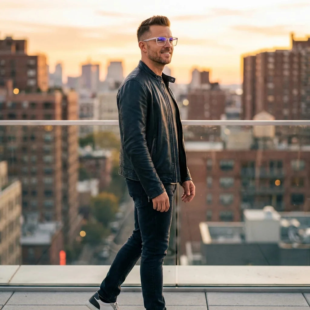 Lentes ópticos Don Eduardo Transparente hombre profesional en rooftop urbano atardecer Bonoboss #editorial_lifestyle1 #color_transparente