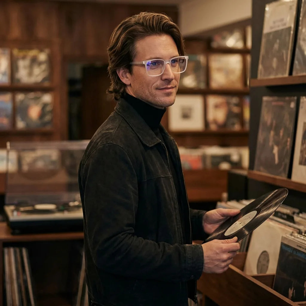 Lentes ópticos Don Eduardo Transparente hombre escuchando vinilo estilo creativo Bonoboss #editorial_lifestyle3 #color_transparente