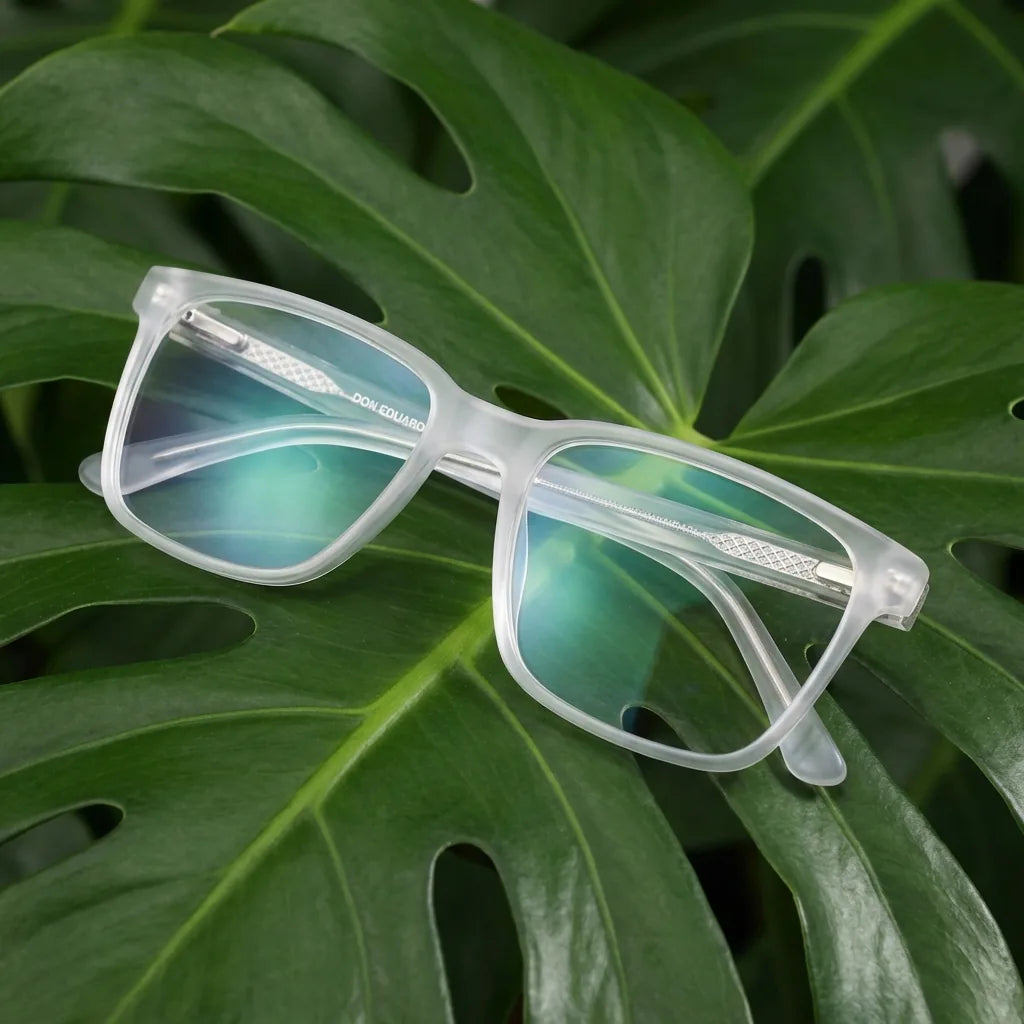 Lentes ópticos Don Eduardo Transparente entre hojas botánicas naturales diseño sustentable Bonoboss #editorial_sustentabilidad #color_transparente