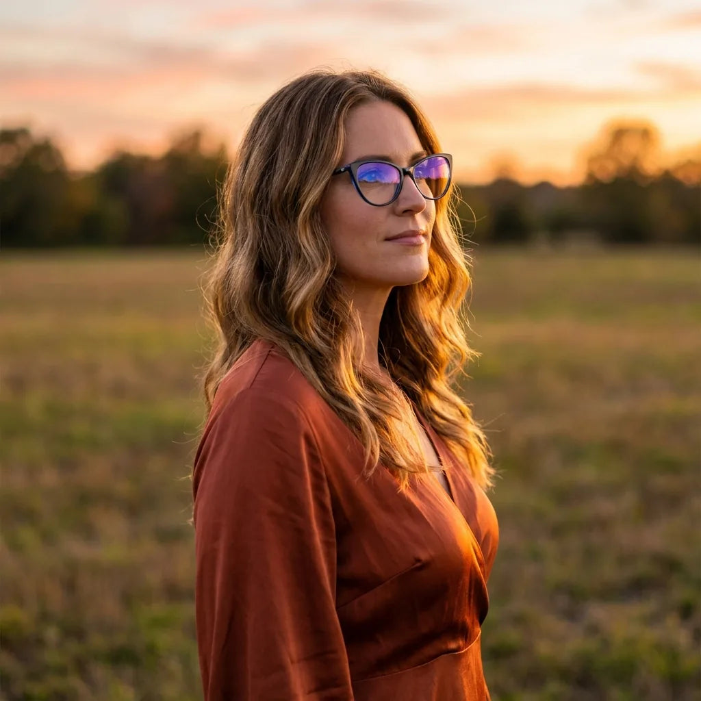 Lentes ópticos Emily Azul mujer en luz dorada golden hour elegante Bonoboss #editorial_lifestyle2 #color_azul