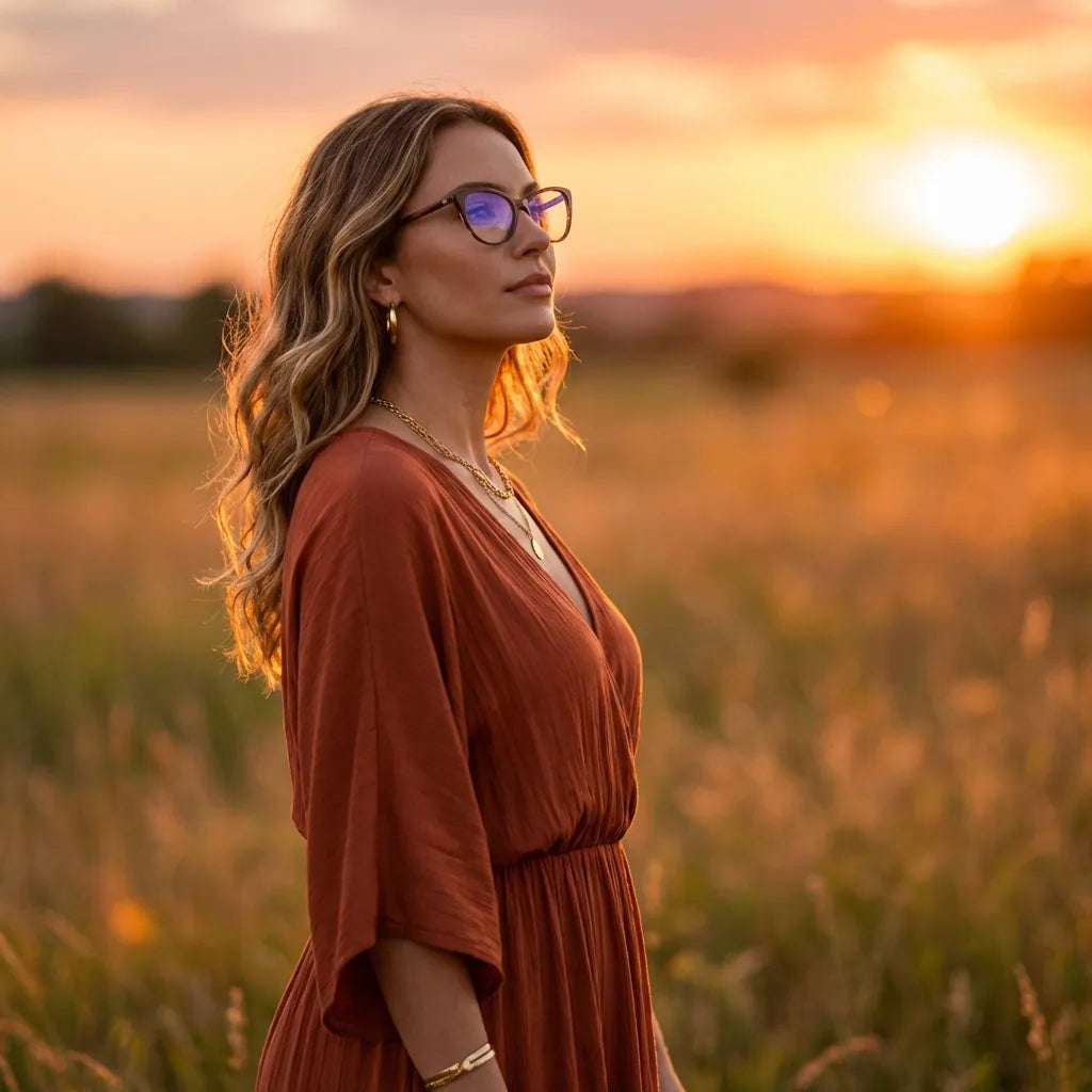 Lentes ópticos Emily Brown mujer en luz dorada golden hour elegante Bonoboss #editorial_lifestyle2 #color_brown