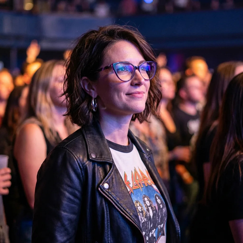 Lentes ópticos Emma Morado mujer en concierto nocturno urbano Bonoboss #editorial_lifestyle4 #color_morado