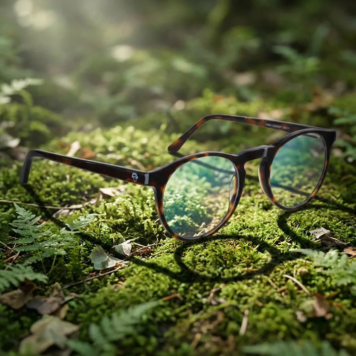 Lentes ópticos Fran 1 Carey en bosque verde natural diseño sustentable Bonoboss #editorial_sustentabilidad #color_carey