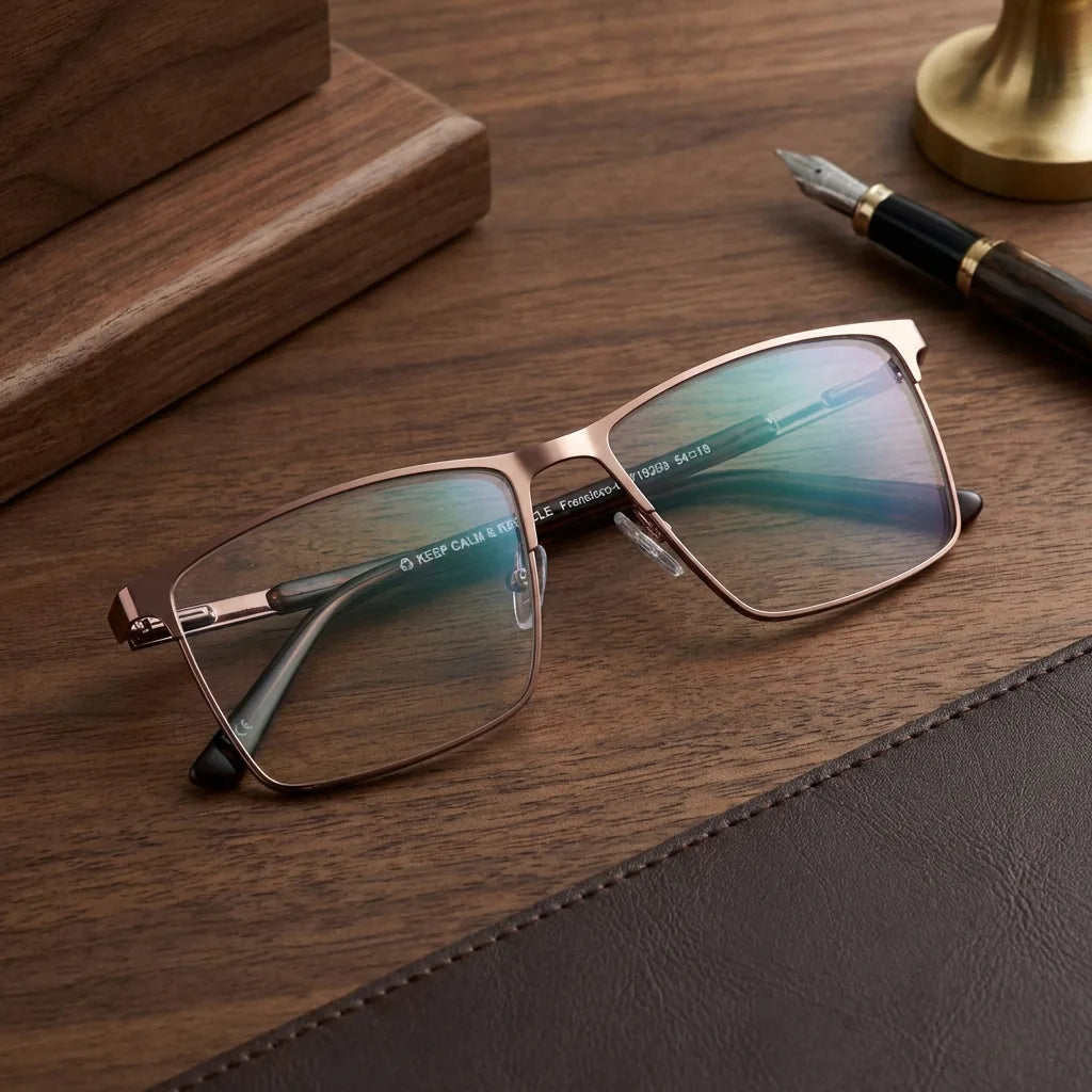 Lentes ópticos Francisco Brown sobre escritorio de madera premium calidad premium receta Bonoboss #editorial_banner_confianza #color_brown