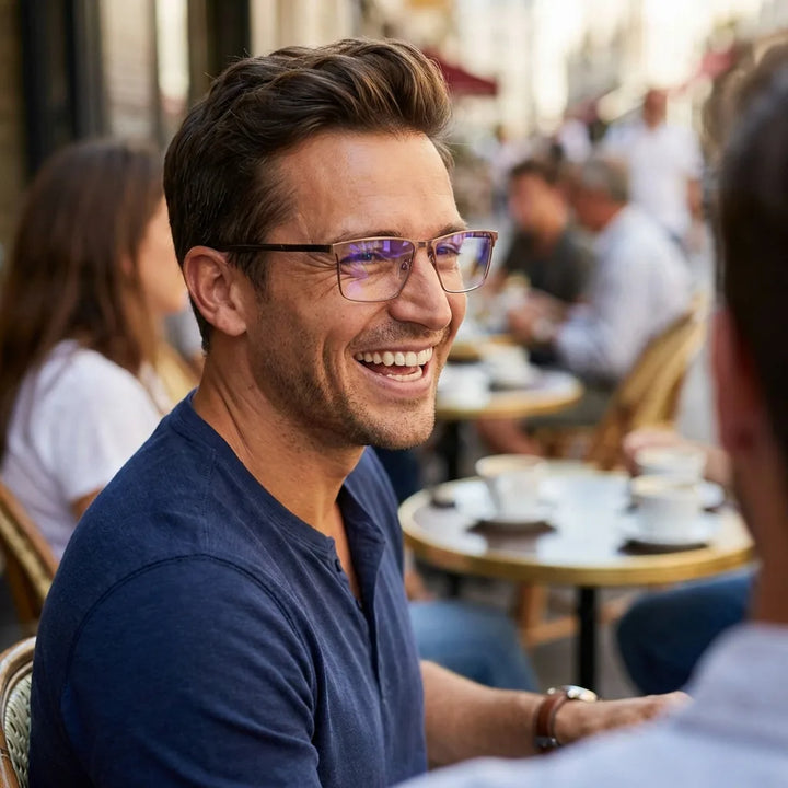 Lentes ópticos Francisco Brown hombre en café con amigos ambiente social Bonoboss #editorial_lifestyle2 #color_brown