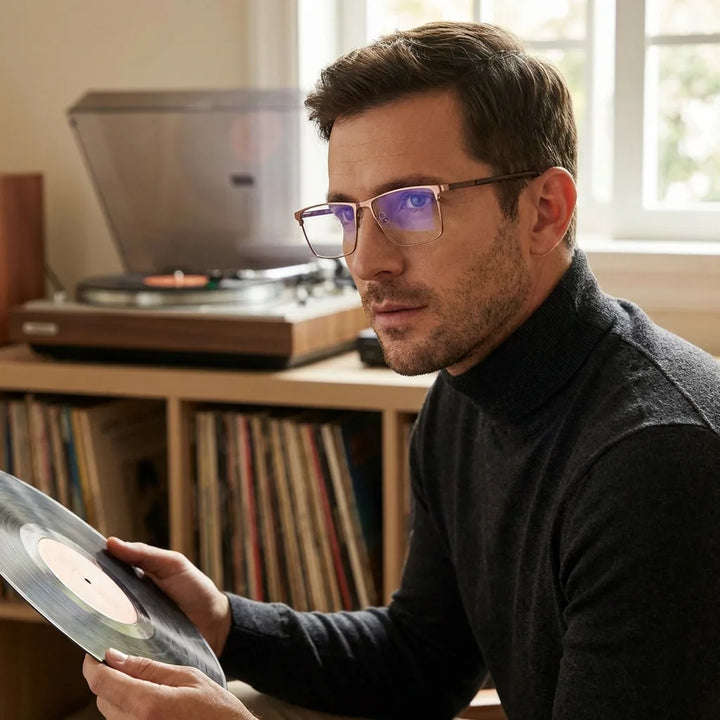 Lentes ópticos Francisco Brown hombre escuchando vinilo estilo creativo Bonoboss #editorial_lifestyle3 #color_brown