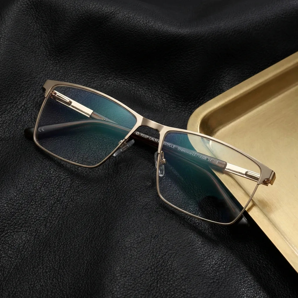 Lentes ópticos Francisco Dorado sobre cuero negro con detalle brass dorado calidad premium receta Bonoboss #editorial_banner_confianza #color_dorado