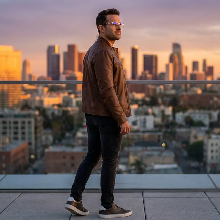 Lentes ópticos Francisco Dorado hombre profesional en rooftop urbano atardecer Bonoboss #editorial_lifestyle1 #color_dorado