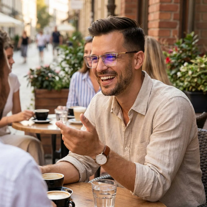 Lentes ópticos Francisco Dorado hombre en café con amigos ambiente social Bonoboss #editorial_lifestyle2 #color_dorado