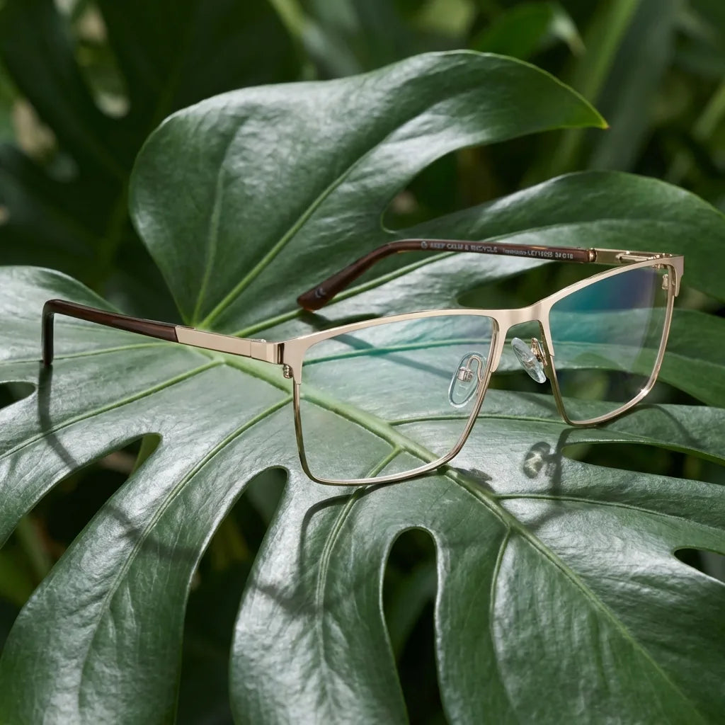 Lentes ópticos Francisco Dorado entre hojas botánicas naturales diseño sustentable Bonoboss #editorial_sustentabilidad #color_dorado