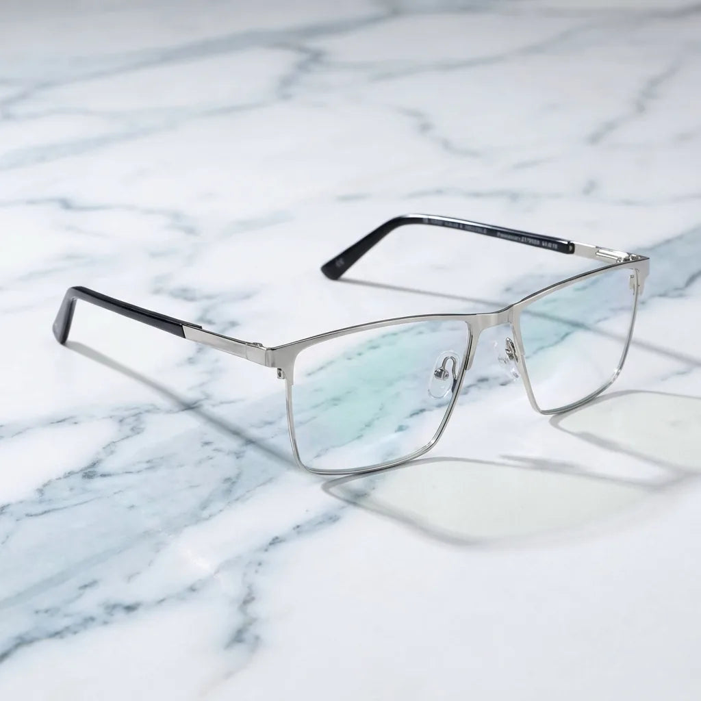 Lentes ópticos Francisco Plateado sobre mármol blanco elegante armazón premium Bonoboss #editorial_armazon #color_plateado