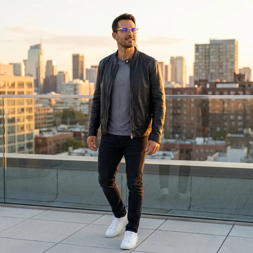 Lentes ópticos Francisco Plateado hombre profesional en rooftop urbano atardecer Bonoboss #editorial_lifestyle1 #color_plateado