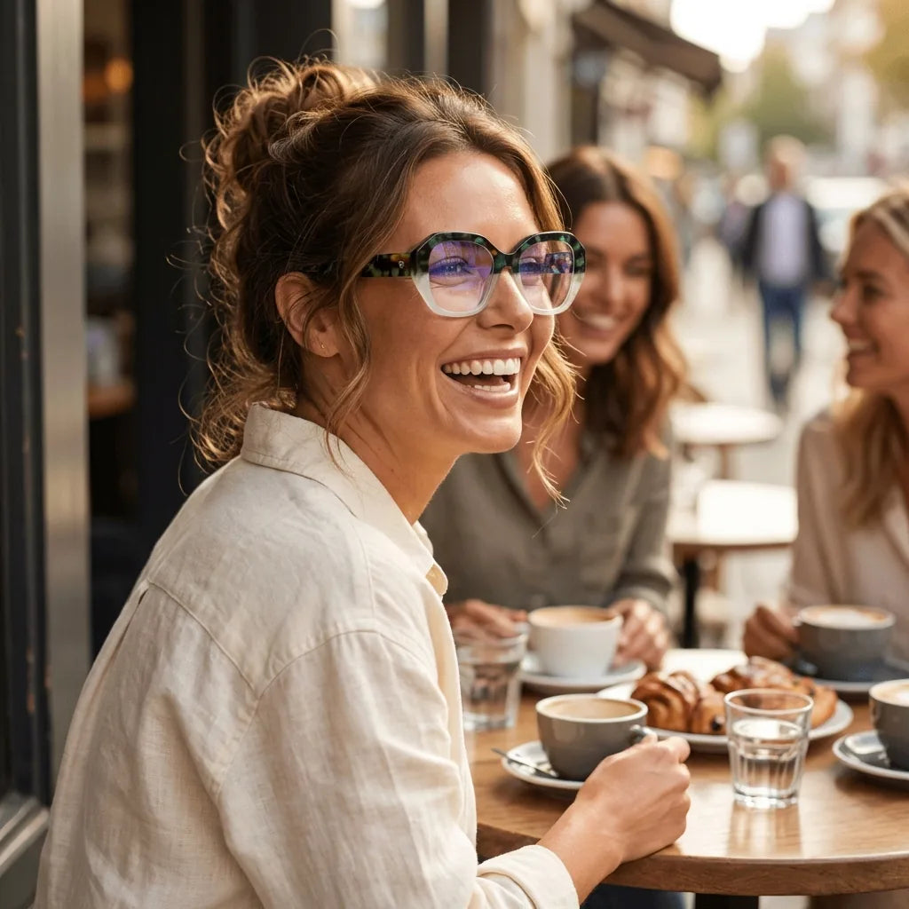 Lentes ópticos Gaia Green mujer en café con amigas ambiente social Bonoboss #editorial_lifestyle1 #color_green