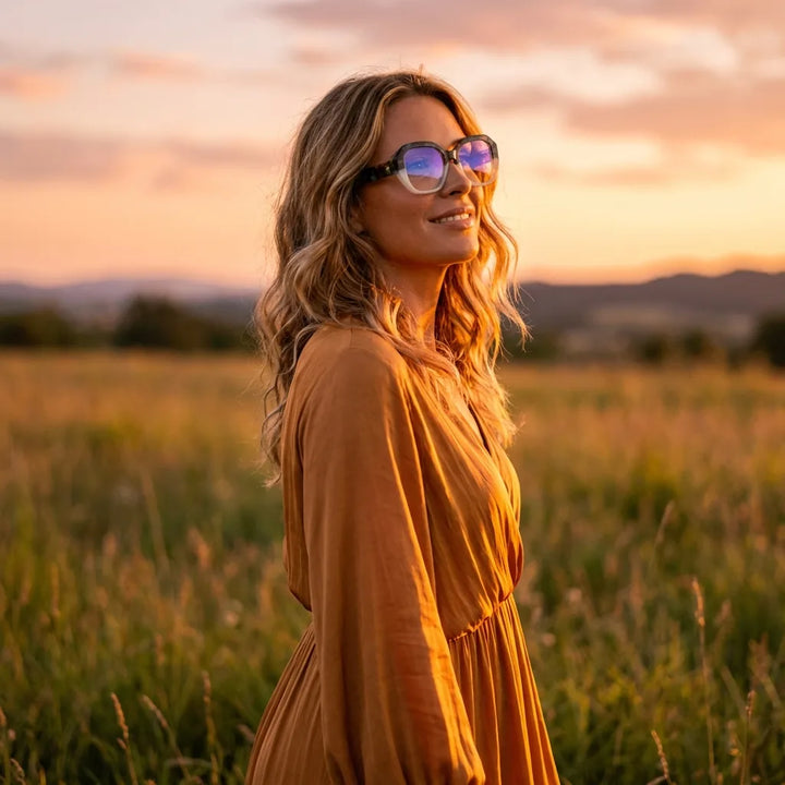 Lentes ópticos Gaia Green mujer en luz dorada golden hour elegante Bonoboss #editorial_lifestyle2 #color_green