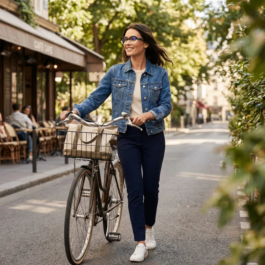 Lentes ópticos Gaia Green mujer en bicicleta vintage café urbano Bonoboss #editorial_lifestyle3 #color_green