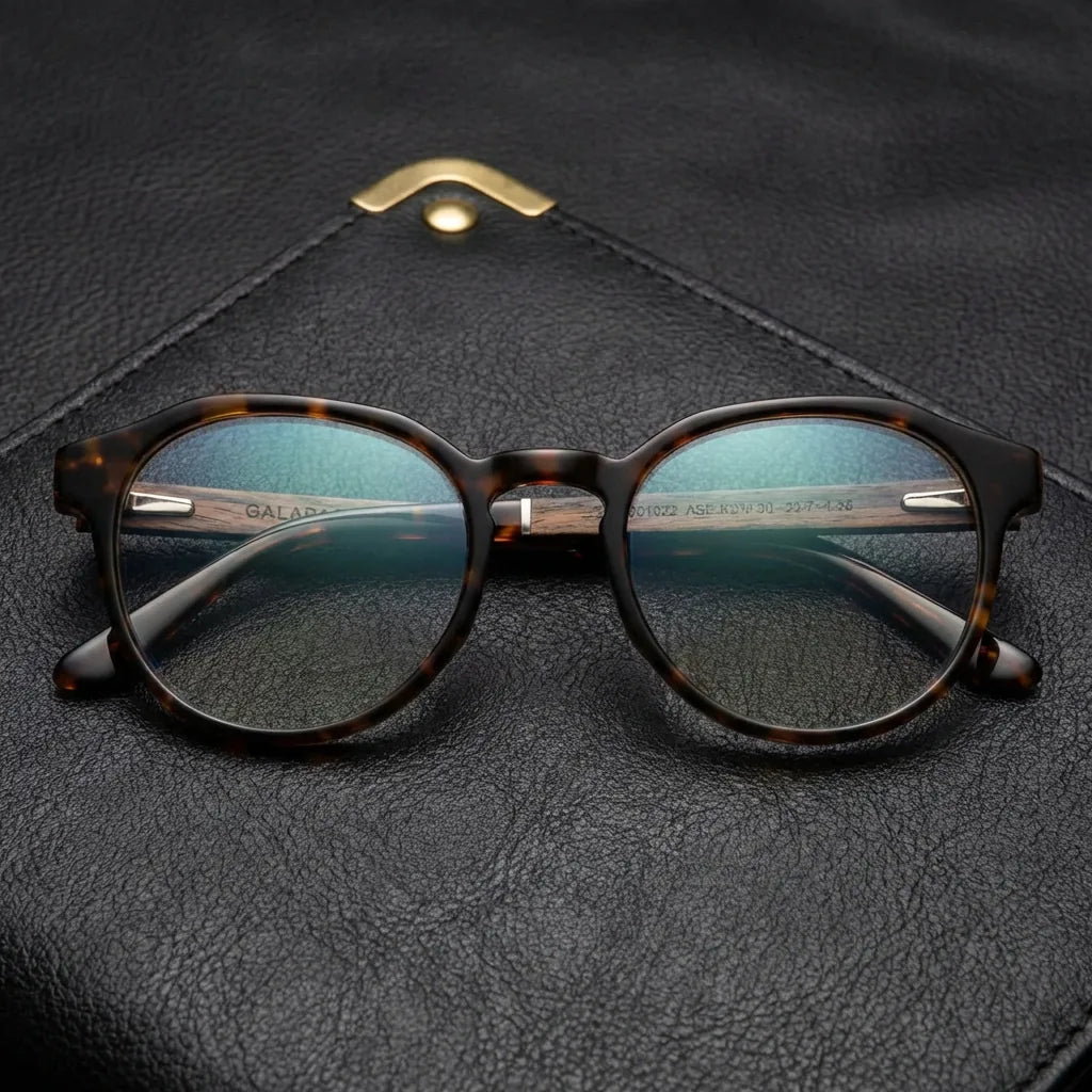 Lentes ópticos Galapagos Armazon Carey sobre cuero negro con detalle brass dorado calidad premium receta Bonoboss #editorial_banner_confianza #color_carey