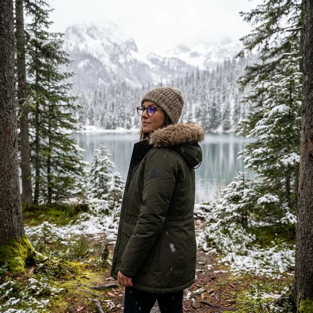 Lentes ópticos Galapagos Armazon Carey modelo con gorro en bosque nevado invernal Bonoboss #editorial_lifestyle1 #color_carey