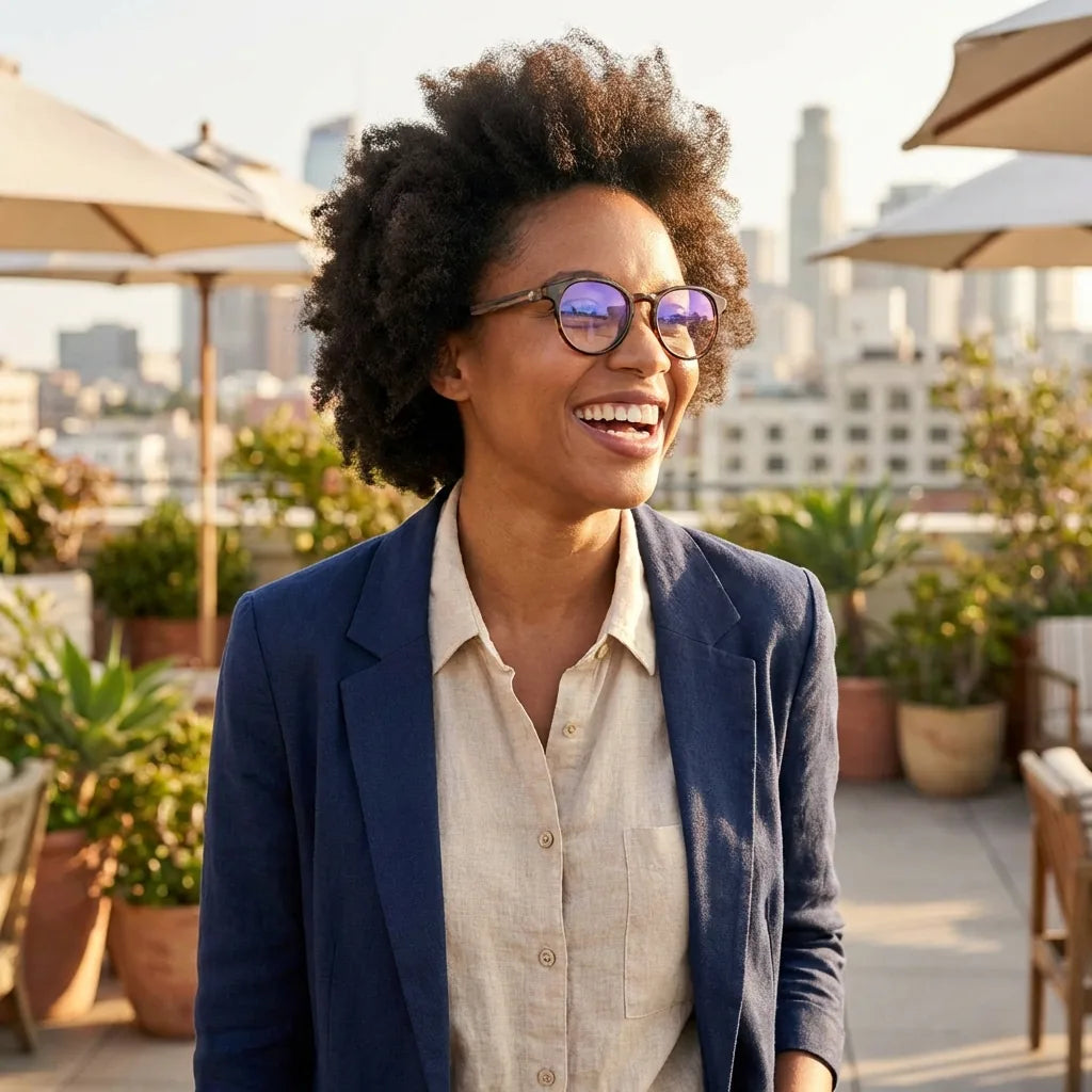 Lentes ópticos Galapagos Armazon Carey mujer en terraza con vista panorámica Bonoboss #editorial_lifestyle3 #color_carey