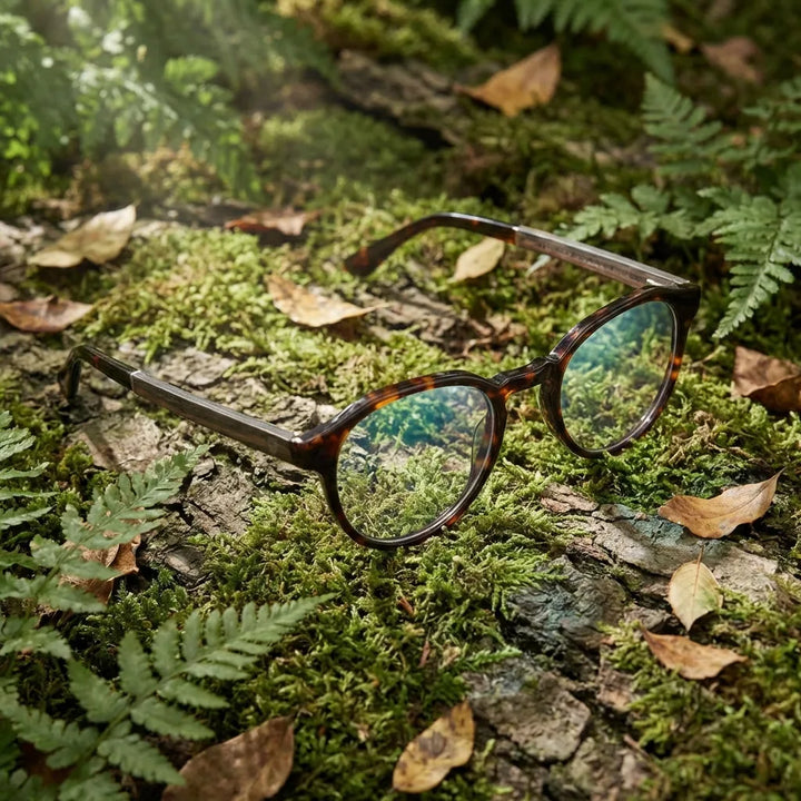 Lentes ópticos Galapagos Armazon Carey en bosque verde natural diseño sustentable Bonoboss #editorial_sustentabilidad #color_carey