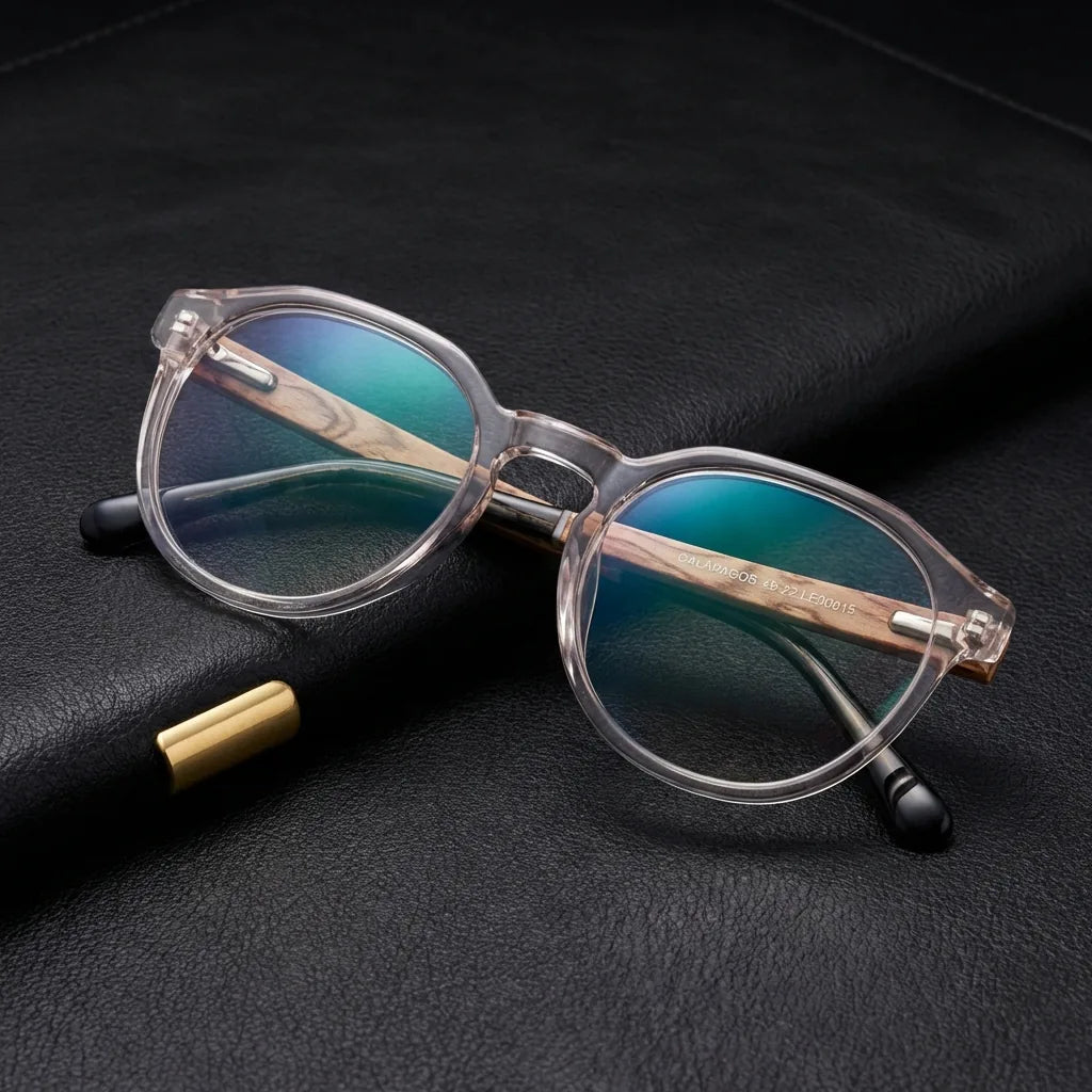 Lentes ópticos Galapagos Armazon Transparente sobre cuero negro con detalle brass dorado calidad premium receta Bonoboss #editorial_banner_confianza #color_transparente