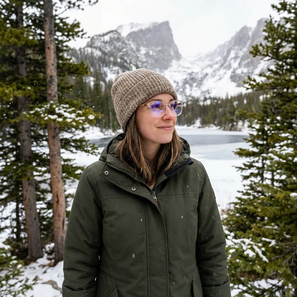 Lentes ópticos Galapagos Armazon Transparente modelo con gorro en bosque nevado invernal Bonoboss #editorial_lifestyle1 #color_transparente