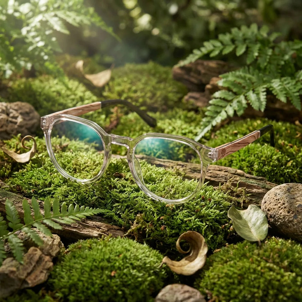 Lentes ópticos Galapagos Armazon Transparente en bosque verde natural diseño sustentable Bonoboss #editorial_sustentabilidad #color_transparente