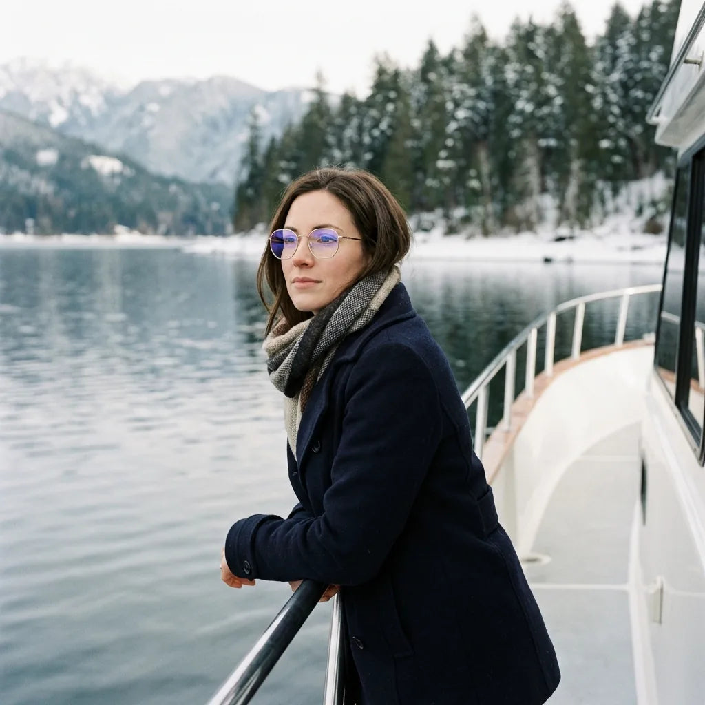 Lentes ópticos Galapagos Magnet Gold modelo en barco lago con bosque nevado Bonoboss #editorial_lifestyle2 #color_gold