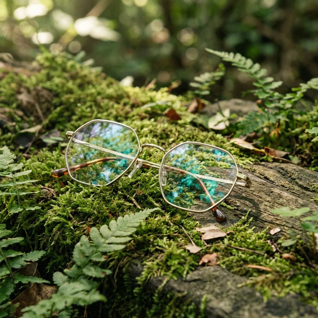 Lentes ópticos Galapagos Magnet Gold en bosque verde natural diseño sustentable Bonoboss #editorial_sustentabilidad #color_gold