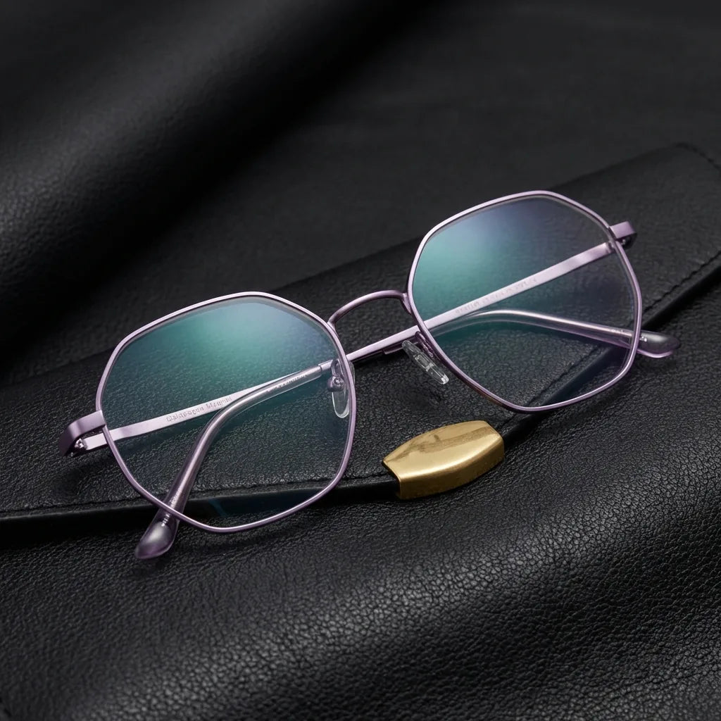 Lentes ópticos Galapagos Magnet Purple sobre cuero negro con detalle brass dorado calidad premium receta Bonoboss #editorial_banner_confianza #color_purple