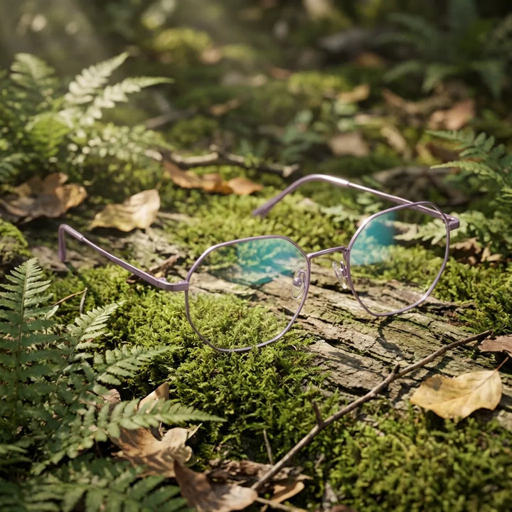 Lentes ópticos Galapagos Magnet Purple en bosque verde natural diseño sustentable Bonoboss #editorial_sustentabilidad #color_purple