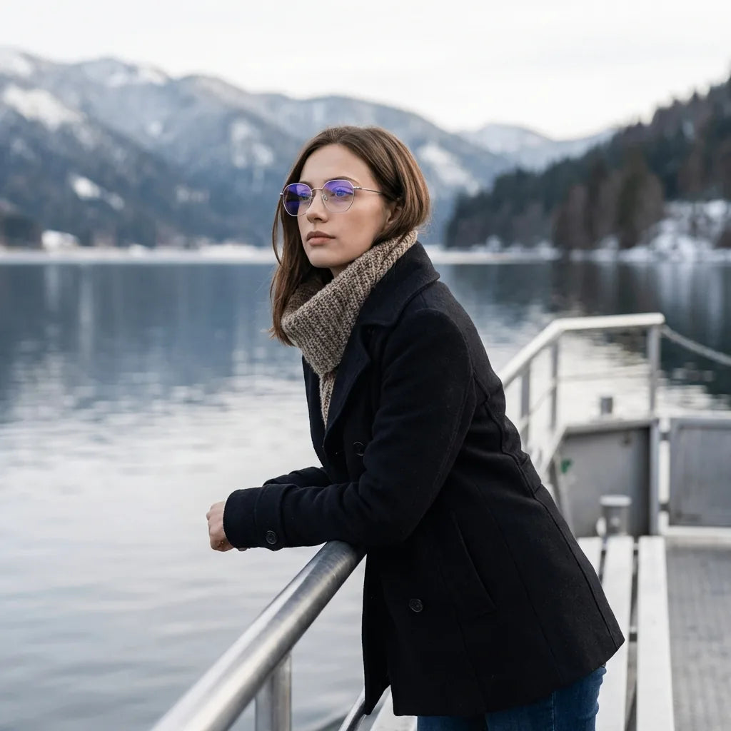 Lentes ópticos Galapagos Magnet Silver modelo en barco lago con bosque nevado Bonoboss #editorial_lifestyle1 #color_silver