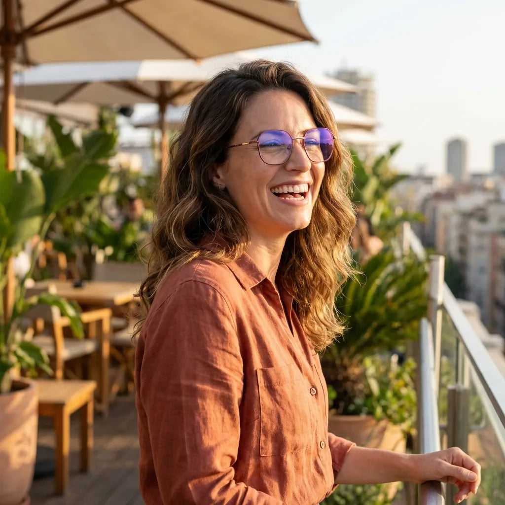 Lentes ópticos Galapagos Metal Rojo mujer en terraza con vista panorámica Bonoboss #editorial_lifestyle2 #color_rojo