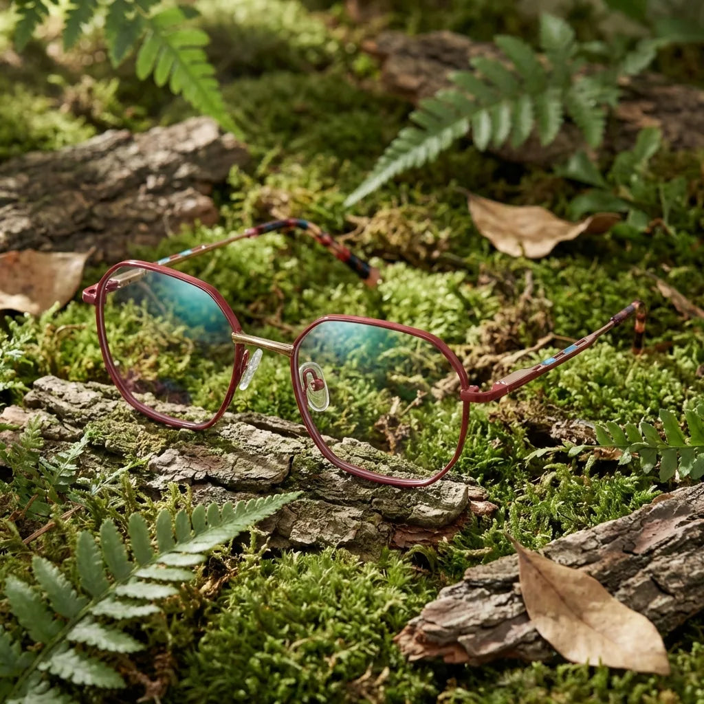 Lentes ópticos Galapagos Metal Rojo en bosque verde natural diseño sustentable Bonoboss #editorial_sustentabilidad #color_rojo