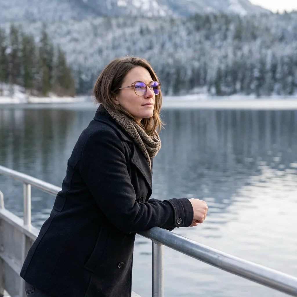 Lentes ópticos Galapagos Blonde Crystal modelo en barco lago con bosque nevado Bonoboss #editorial_lifestyle1 #color_blonde-crystal