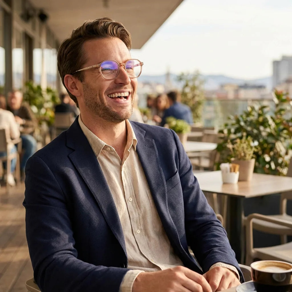 Lentes ópticos Galapagos Blonde Crystal mujer en terraza con vista panorámica Bonoboss #editorial_lifestyle2 #color_blonde-crystal