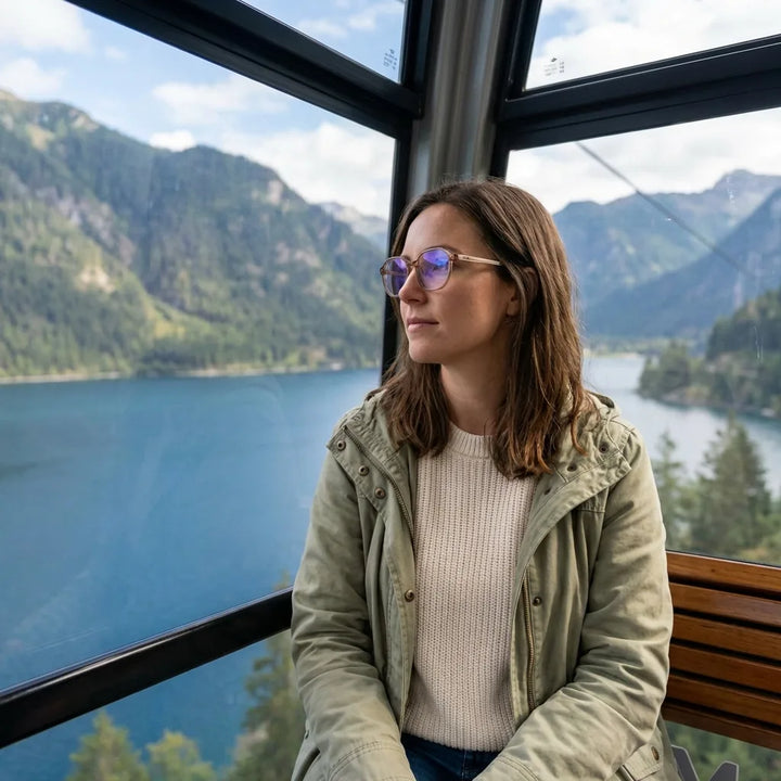 Lentes ópticos Galapagos Blonde Crystal modelo en teleférico con vista a lago Bonoboss #editorial_lifestyle3 #color_blonde-crystal