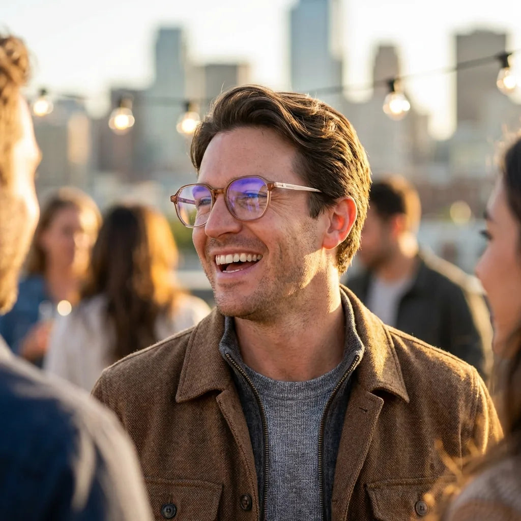 Lentes ópticos Galapagos Blonde Crystal modelo en contexto social urbano profesional Bonoboss #editorial_lifestyle4 #color_blonde-crystal