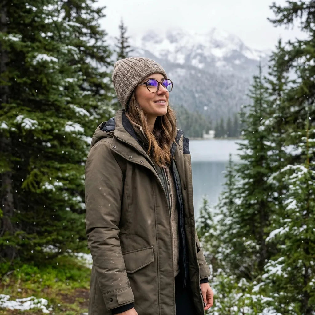 Lentes ópticos Galapagos Carey modelo con gorro en bosque nevado invernal Bonoboss #editorial_lifestyle1 #color_carey