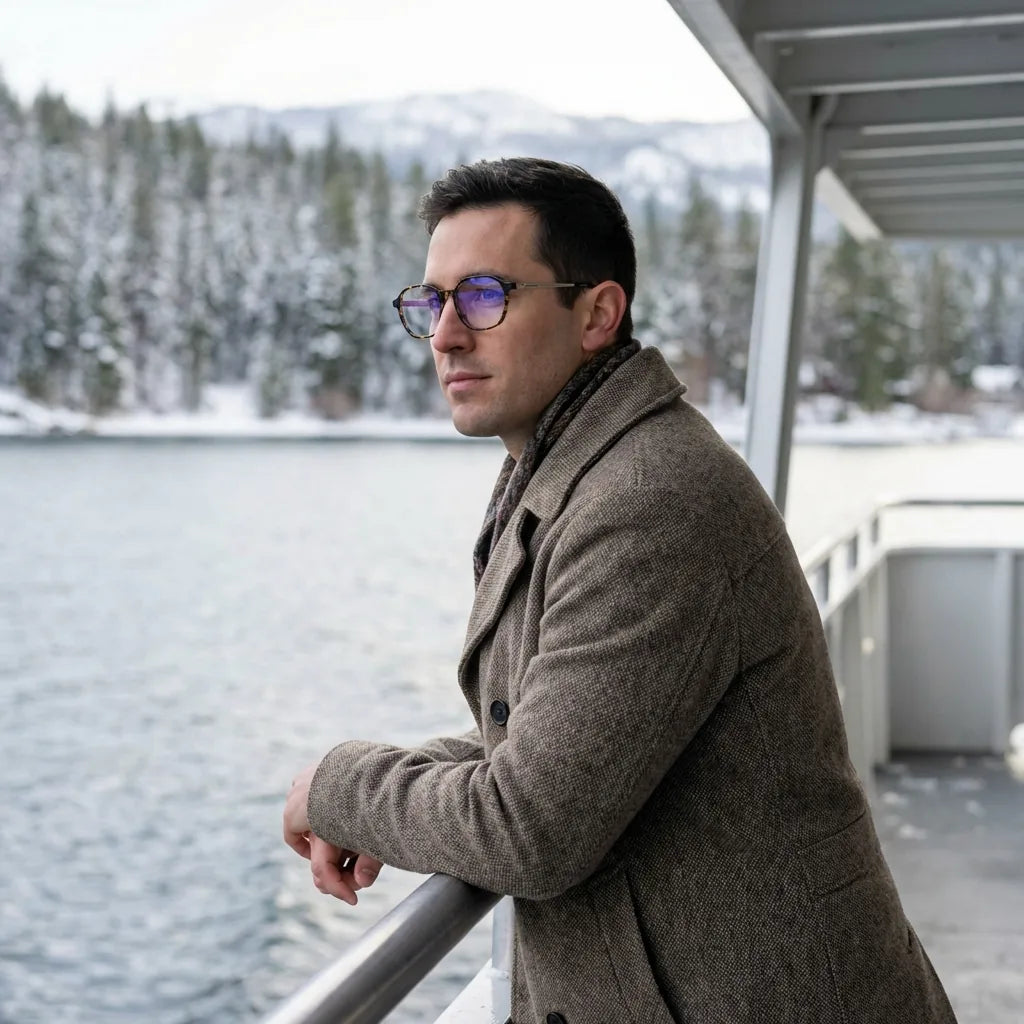 Lentes ópticos Galapagos Carey modelo en barco lago con bosque nevado Bonoboss #editorial_lifestyle2 #color_carey