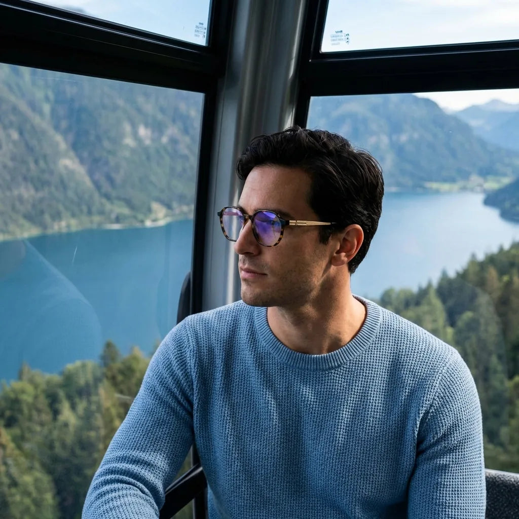 Lentes ópticos Galapagos Carey modelo en teleférico con vista a lago Bonoboss #editorial_lifestyle3 #color_carey