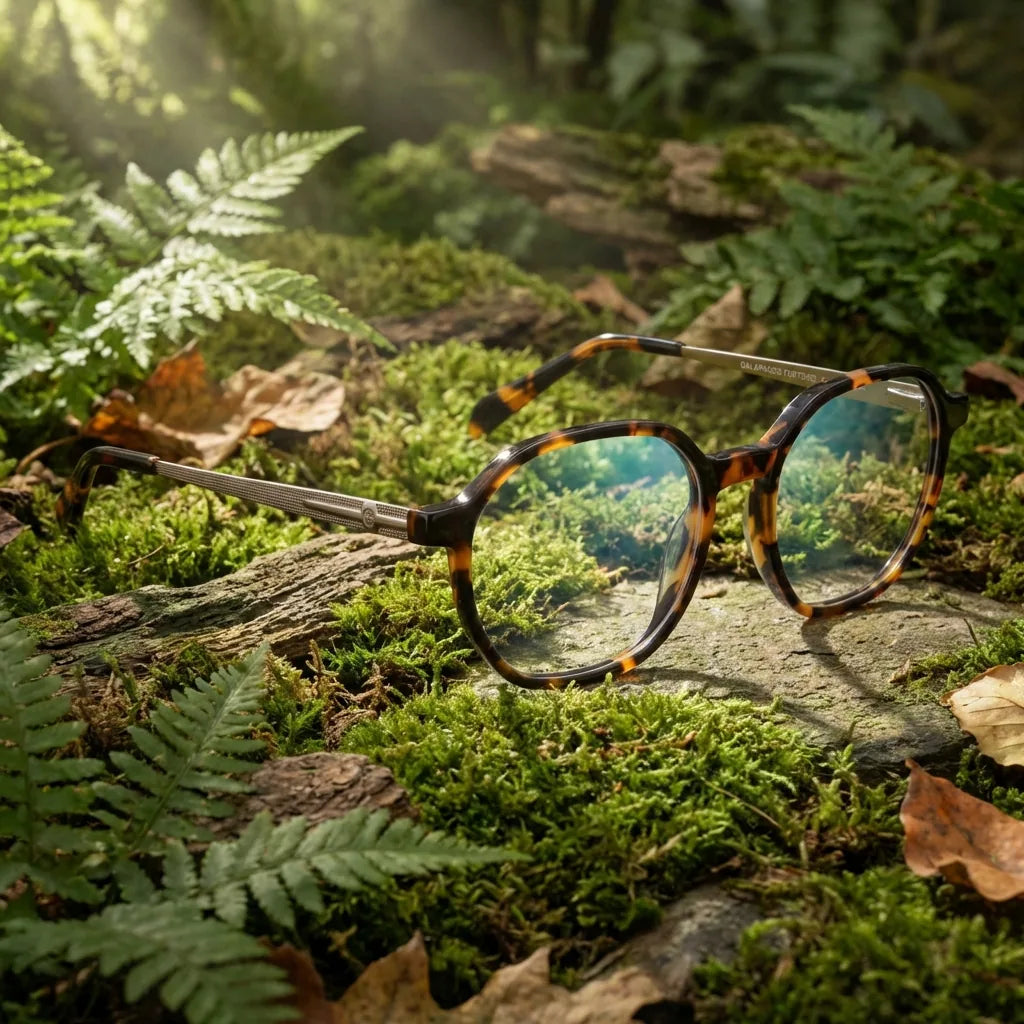 Lentes ópticos Galapagos Carey en bosque verde natural diseño sustentable Bonoboss #editorial_sustentabilidad #color_carey