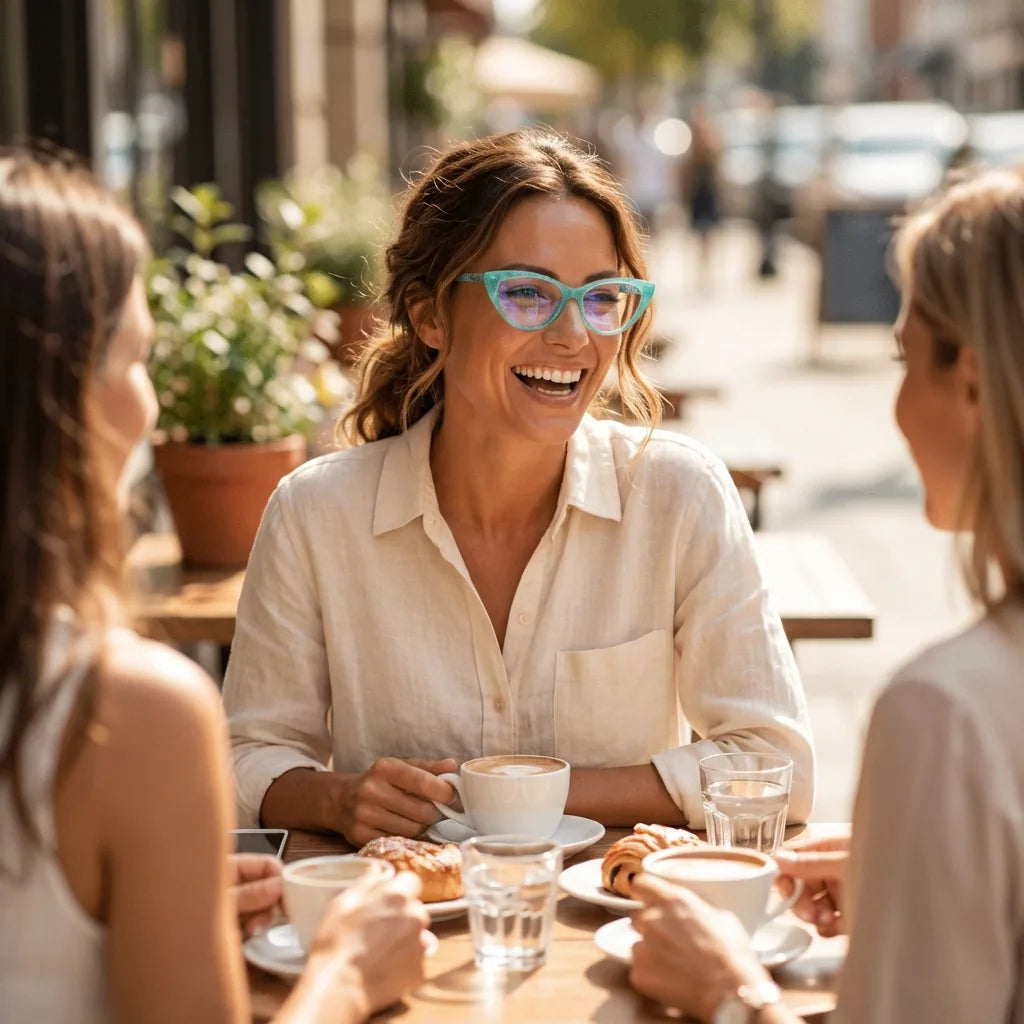 Lentes ópticos Hamburgo Calipso mujer en café con amigas ambiente social Bonoboss #editorial_lifestyle1 #color_calipso