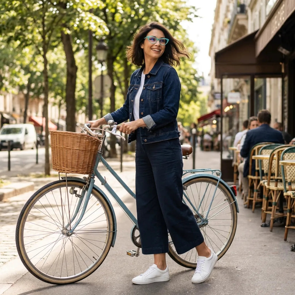 Lentes ópticos Hamburgo Calipso mujer en bicicleta vintage café urbano Bonoboss #editorial_lifestyle3 #color_calipso